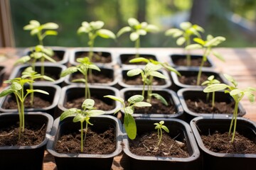 Tender young shoots in cups, close-up. Preparation of seedlings in spring for the greenhouse and garden. A vegetable garden on the balcony. Homemade vegetables and herbs.