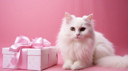 white cat and pink gift box.