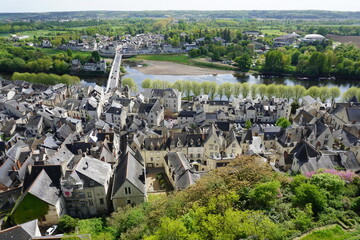 panoramic view of country picturesque village of chinon with the stone bridge across the vienne river from the castle, france - obrazy, fototapety, plakaty