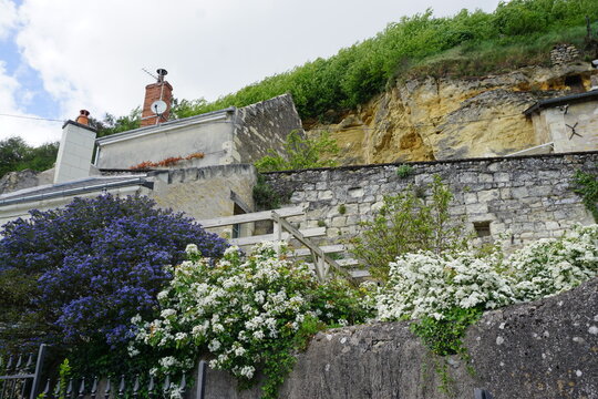 old stone wall with blooming flowers by a troglodyte home in the town of chinon in the loire, france