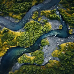 Top-down view of a winding river meandering reflection, Generative ai.
