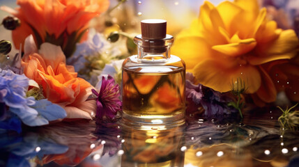 Obraz na płótnie Canvas Floral backdrop accentuates aroma oils, soothing wellness scene