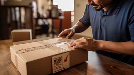 A close up of a courier affixing an address label to a package, ai generative