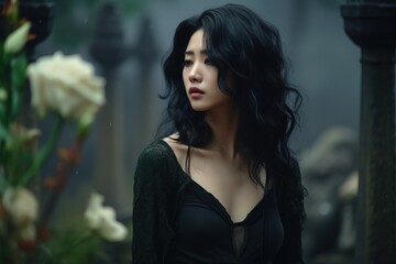 Beautiful young woman in the old cemetery.