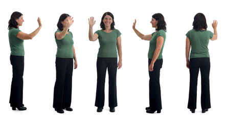 Various poses of the same woman waving on white background.