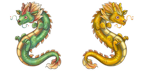 A Golden Yellow Chinese Dragon and A Green Chinese Dragon Cartoon Watercolor Drawing for the Year of Dragon