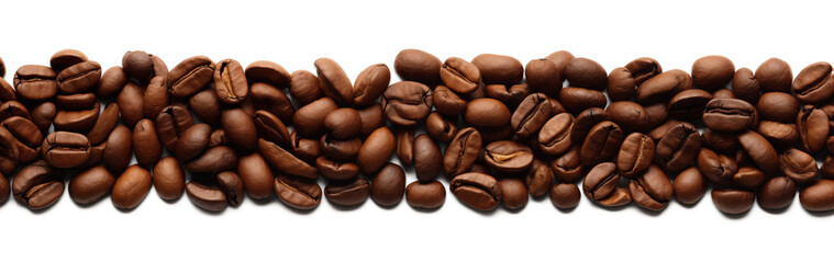 Roasted сoffee beans are isolated on a white and transparent background for design. Png file. Wide panoramic composition of coffee beans. Convenient for copying. Isolated coffee beans with shadow. 

