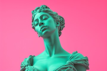 An elegant Greek female statue showcased on a pink background. Created with generative AI tools - obrazy, fototapety, plakaty