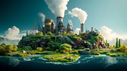 Coal-fired power station overgrown with grass, moss and plants release carbon emissions symbolising future concept of net-zero carbon emissions. - obrazy, fototapety, plakaty