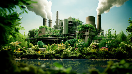 Coal-fired power station overgrown with grass, moss and plants release carbon emissions. Greenhouse effect, global warming, climate changes, air pollution concept. - obrazy, fototapety, plakaty