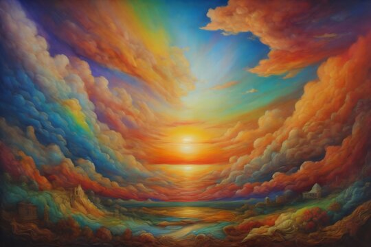surreal sunset or sunrise, a unique blend of colors and textures, suggesting themes of landscape painting, artistic creativity, and imagination. Created with generative AI tools