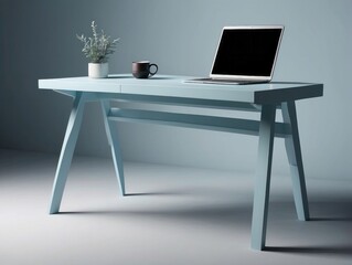 Pastel blue monochrome minimal office table desk. Minimal idea concept for study desk and workspace