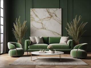 living room interior mock up, modern furniture and decorative green arch with trendy dried flowers