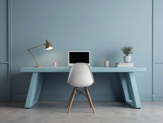 Pastel blue monochrome minimal office table desk. Minimal idea concept for study desk and workspace