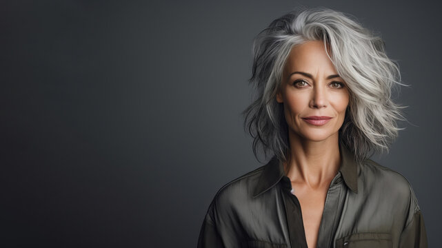 Generative AI Image Of Woman With Gray Hair Standing On Grey Background