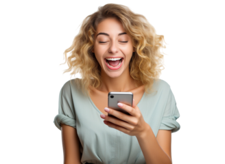Happy woman using cell phone, cut out