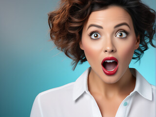 Portrait of attractive amazed woman news reaction with lips wow isolated over bright blue color background copy space or banner, surprised facial expression, wondered.