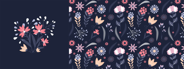 Festive flower collection on a dark background. Beautiful seamless pattern for bed linen, fabric, wallpaper, wrapping paper, postcards and more. Vector design.