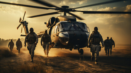 Fully Equipped Soldiers Getting Off A Military Helicopter Which Landed In A Field - obrazy, fototapety, plakaty
