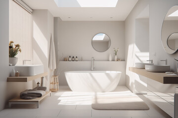 Full of sun light white minimalistic bathroom, beige interior elements