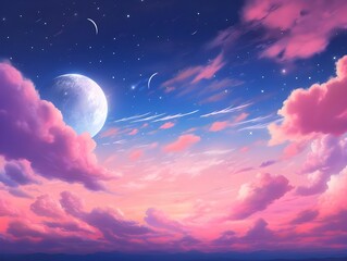 Naklejka na ściany i meble pink cloud on blue sky. beautiful pink sky. Pink sunset clouds sky with full moon and stars. Dream magic evening sky with moon clouds. Blue hours sky