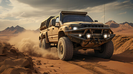 Fototapeta na wymiar A Military Off Road Vehicle Driving Through The Desert