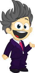 Vector illustration of a little boy in man's clothes. .Cartoon of a young kid dressed up in a mans business suit presenting