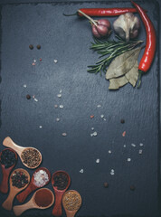 Many different spices and fresh vegetables for cooking on a black background, still life with vegetables and spices on a black background, ingredients for cooking