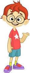 Cute young boy waving and smiling expression. Vector cartoon  .illustration of a teenager in shorts ant t-short presenting. Outlined