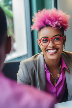 Beautiful homosexual job candidate in an inclusive and fair  job interview. Diversity, equity, inclusion, and belonging in business.