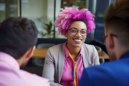 Beautiful homosexual job candidate in an inclusive and fair  job interview. Diversity, equity, inclusion, and belonging in business.