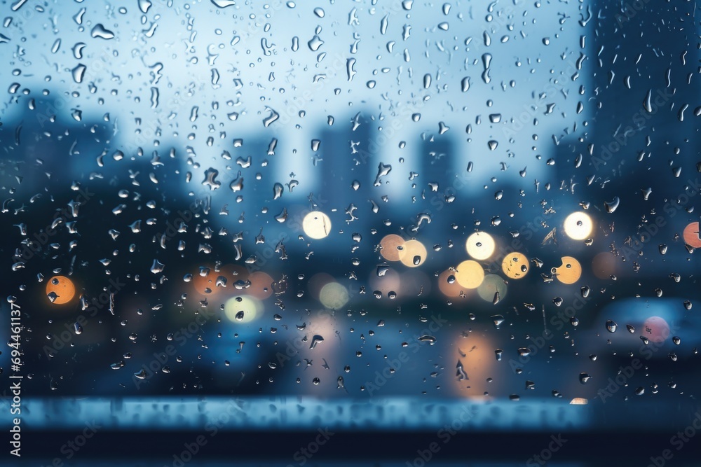 Poster A rain covered window with a view of a city in the background. This image can be used to depict a rainy day in the city