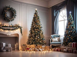 Obraz premium A spacious room with a fireplace and an armchair, with New Year's trees decorated with bright balls and garlands. There is a Christmas wreath above the fireplace. There are many boxes with gifts on th