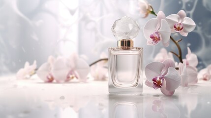 A bottle of perfume sitting on top of a table. This image can be used for showcasing beauty products or in a lifestyle blog post about fragrances - obrazy, fototapety, plakaty