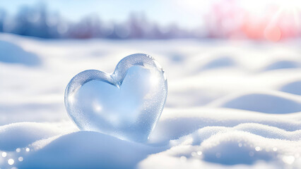 Shiny heart of ice on the snow at sunny winter morning. Valentine s Day, Love background for design with copy space.Generative AI  - obrazy, fototapety, plakaty