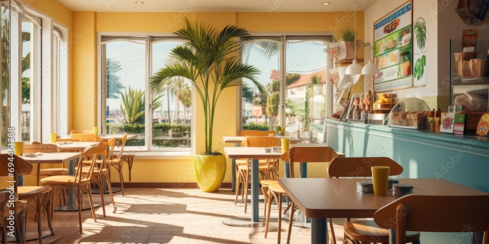 Poster A view of a restaurant with tables and chairs set up in front of a large window. Perfect for showcasing the ambiance and setting of a dining establishment