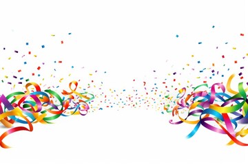 Colorful streamers and confetti scattered on a white background. Perfect for celebrations and parties