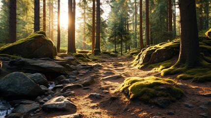 A serene dirt path winding through a lush forest, with moss-covered rocks. Perfect for nature and hiking themes