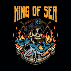 Vector t shirt design king of sea with shark skull and anchor fire background vintage illustration