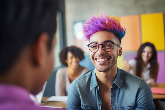 Beautiful homosexual job candidate in an inclusive and fair  job interview. Diversity, equity, inclusion, and belonging in business.