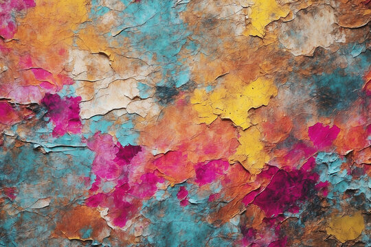 Old colorful paint peeling off from a wall, damaged wall background