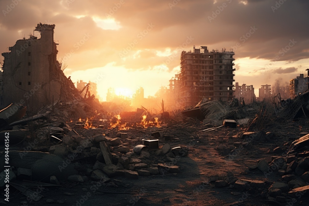 Poster a striking image of the sun setting over a city in ruins. perfect for conveying themes of destructio