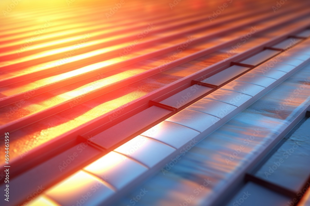 Poster a close up of a train track with a beautiful sunset in the background. perfect for transportation or