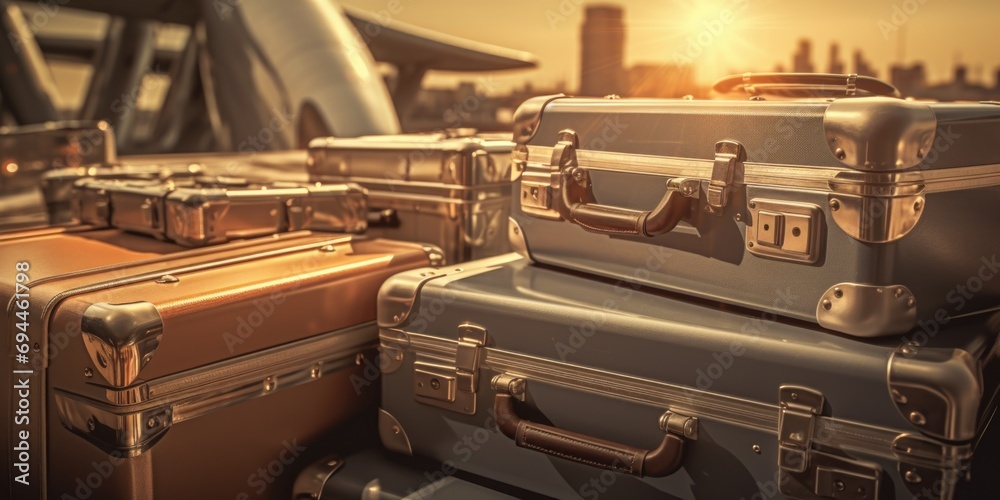 Poster A group of suitcases sitting on top of each other. Perfect for travel-related designs and concepts