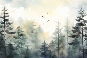 A serene painting capturing the beauty of a forest with birds soaring in the sky. Perfect for adding a touch of nature to any space