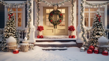 Obraz premium A festive house adorned with Christmas decorations, featuring a beautiful wreath hanging on the front door. Perfect for holiday-themed projects and greetings