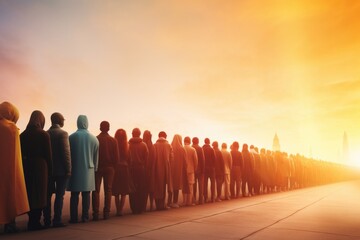 A large group of people standing in a line. This image can be used to represent teamwork, unity, waiting in line, or organized events - obrazy, fototapety, plakaty