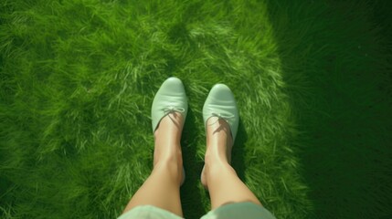 Woman's legs wearing green shoes standing on a green lawn. Suitable for fashion, footwear, and outdoor lifestyle themes