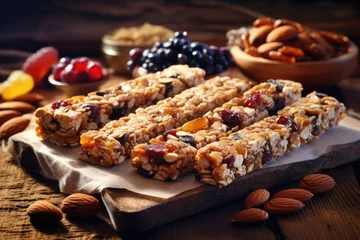 Zelfklevend Fotobehang A bunch of granola bars sitting on top of a cutting board. Perfect for a healthy snack or breakfast option © Fotograf