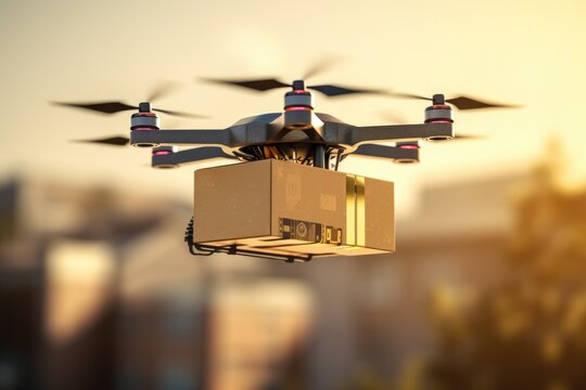 A drone with a box attached to it flying in the air. This image can be used to depict delivery services or technological advancements in the field of drones